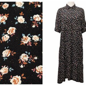 Natural Life Women Sz M Rebecca Black Cream Floral Tiered Cottagecore Midi Dress